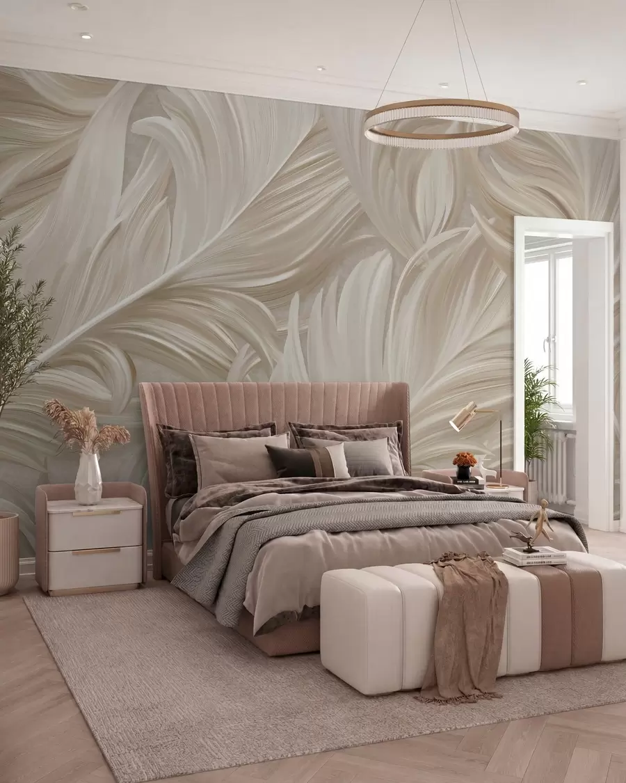 murales de pared Una pluma grande, pintada y curvada en cálidos tonos beige w05757