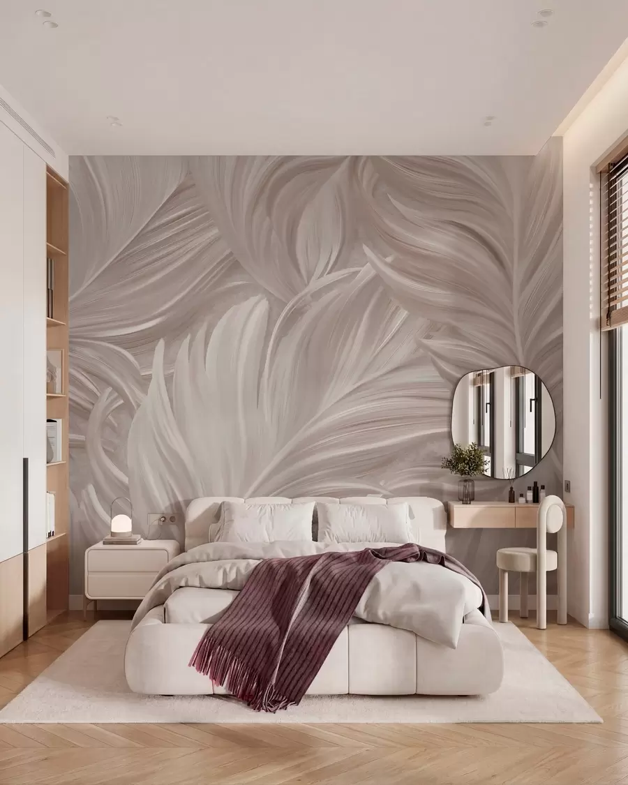 murales de pared Una pluma grande, pintada y curvada en tonos rosa perla w05757v1