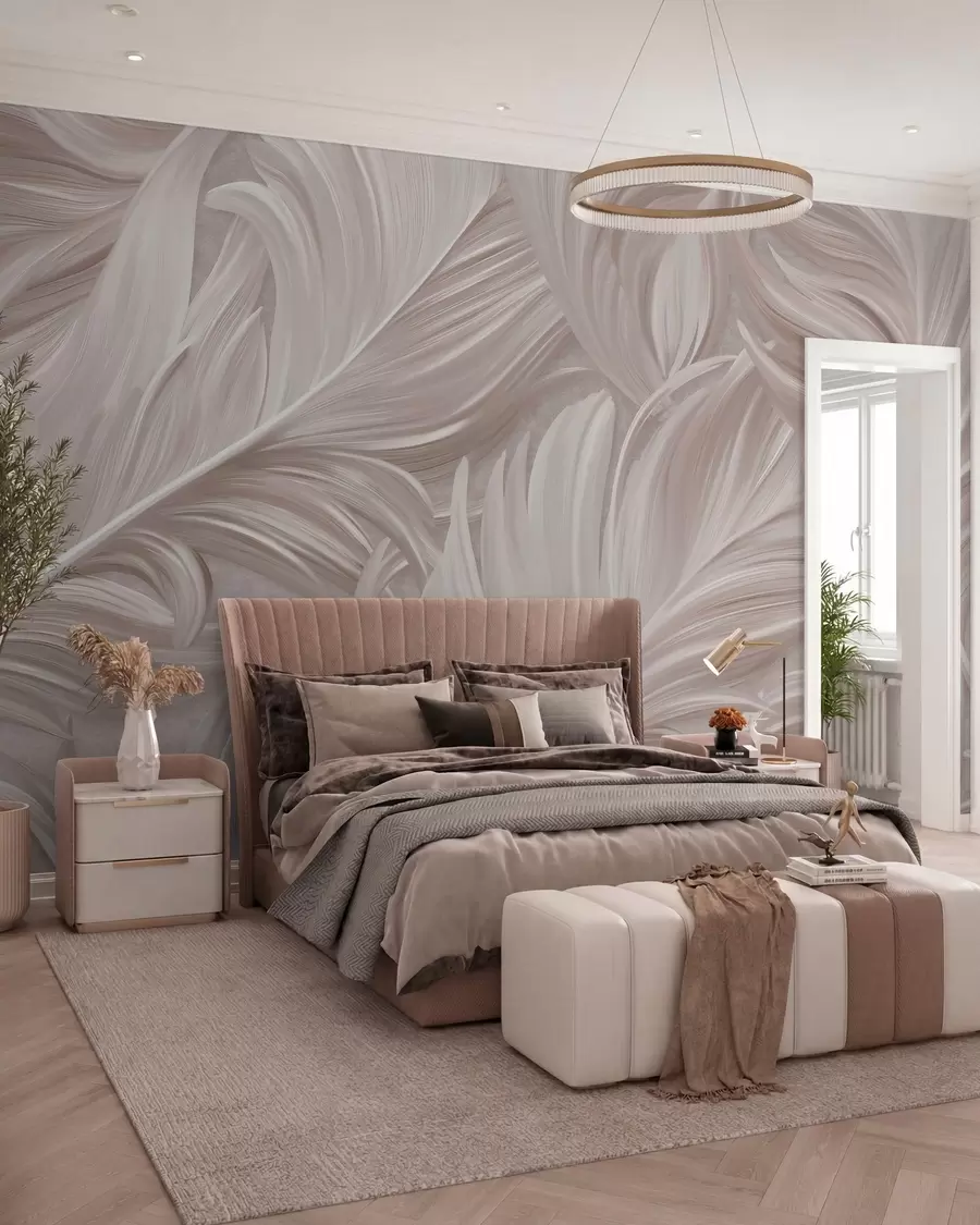 murales de pared Una pluma grande, pintada y curvada en tonos rosa perla w05757v1