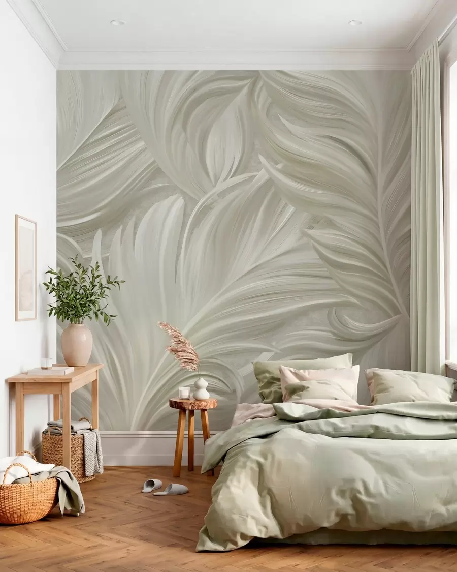 murales de pared Una pluma grande, pintada y curvada en tonos beige fríos w05757v2