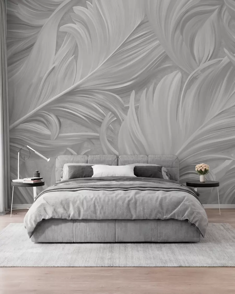 murales de pared Una pluma grande, pintada y curvada en tonos grises w05757v3
