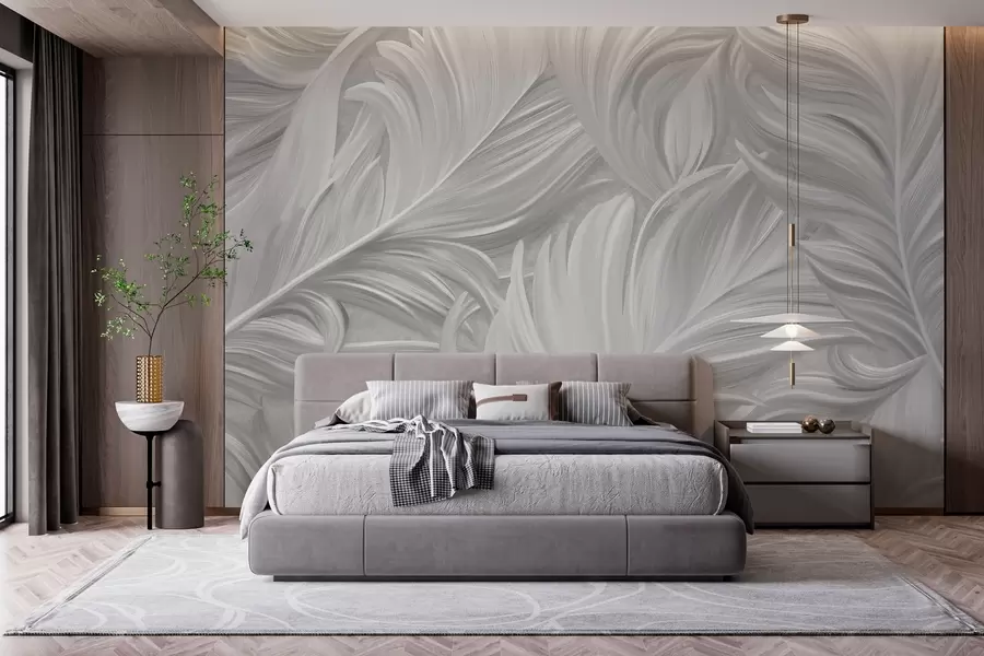 murales de pared Una pluma grande, pintada y curvada en tonos grises w05757v3