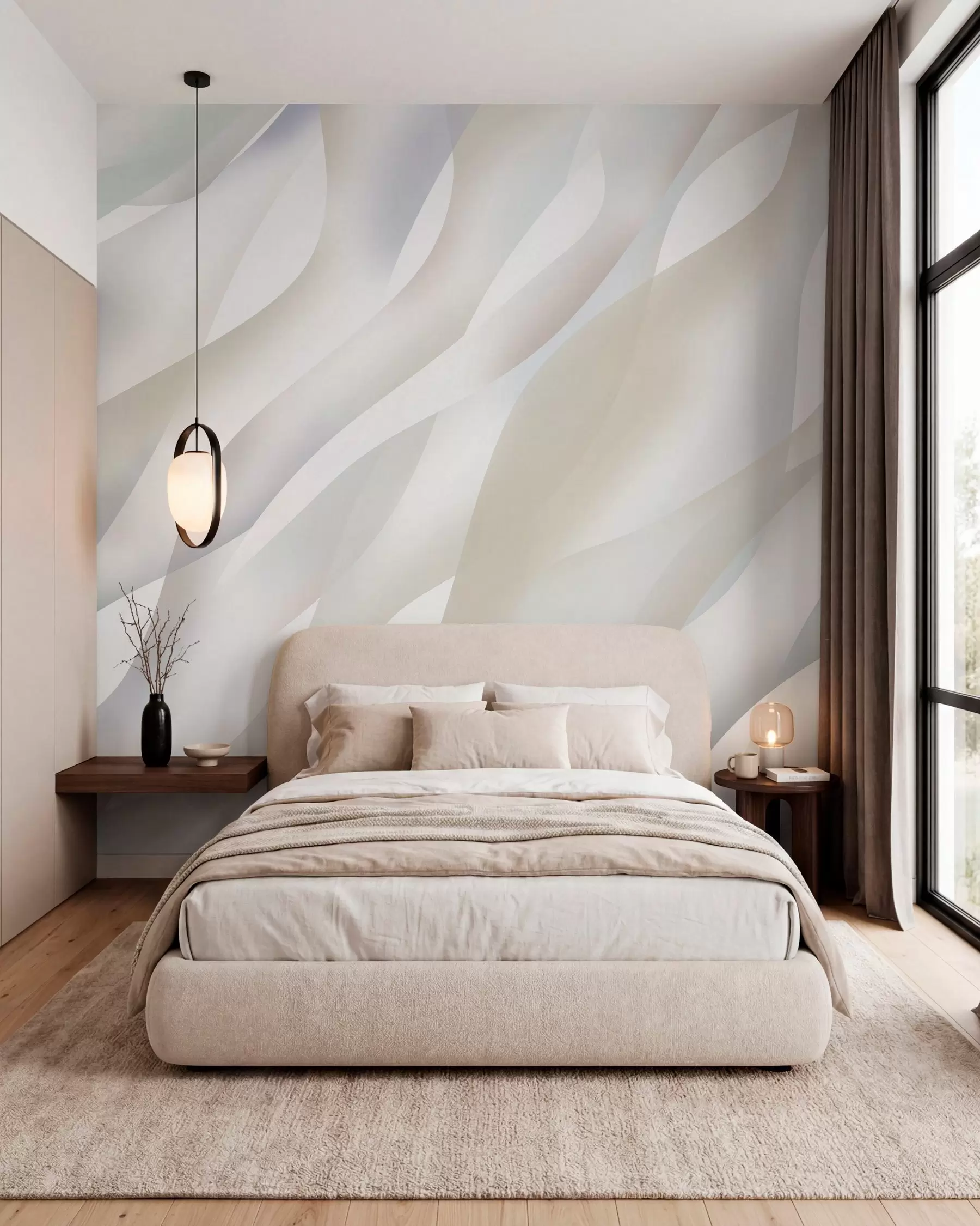 murales de pared Olas abstractas en tonos grises y beige sobre un fondo blanco w05758