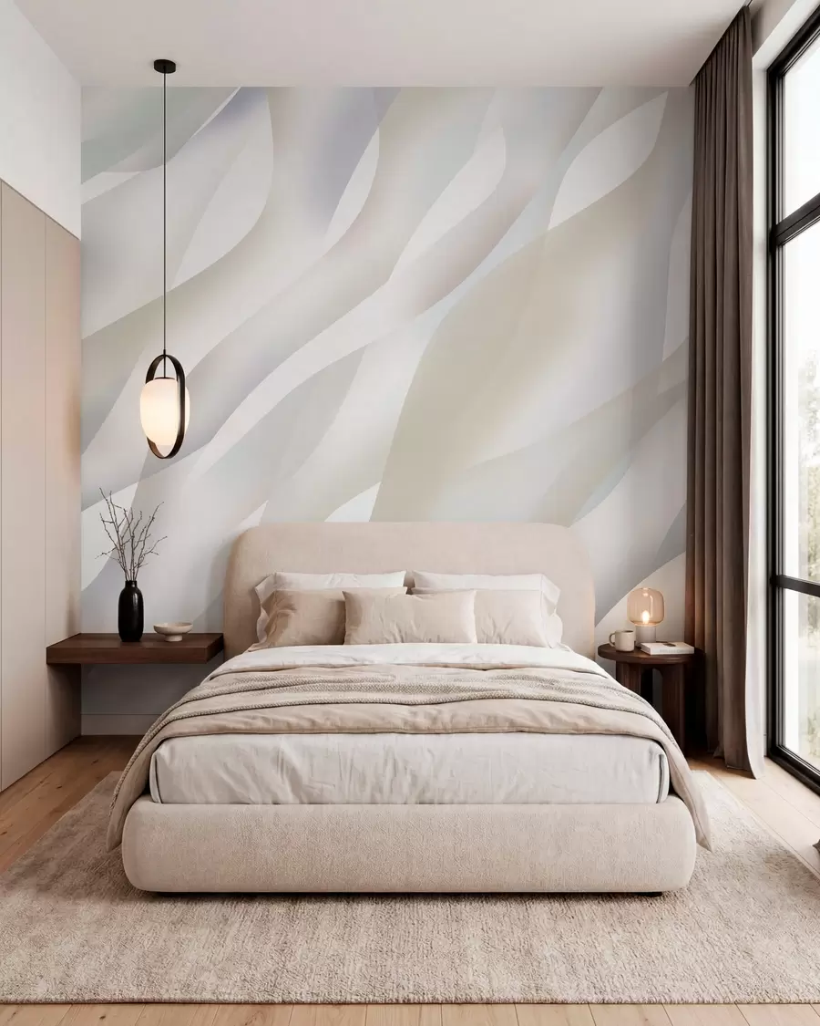 murales de pared Olas abstractas en tonos grises y beige sobre un fondo blanco w05758