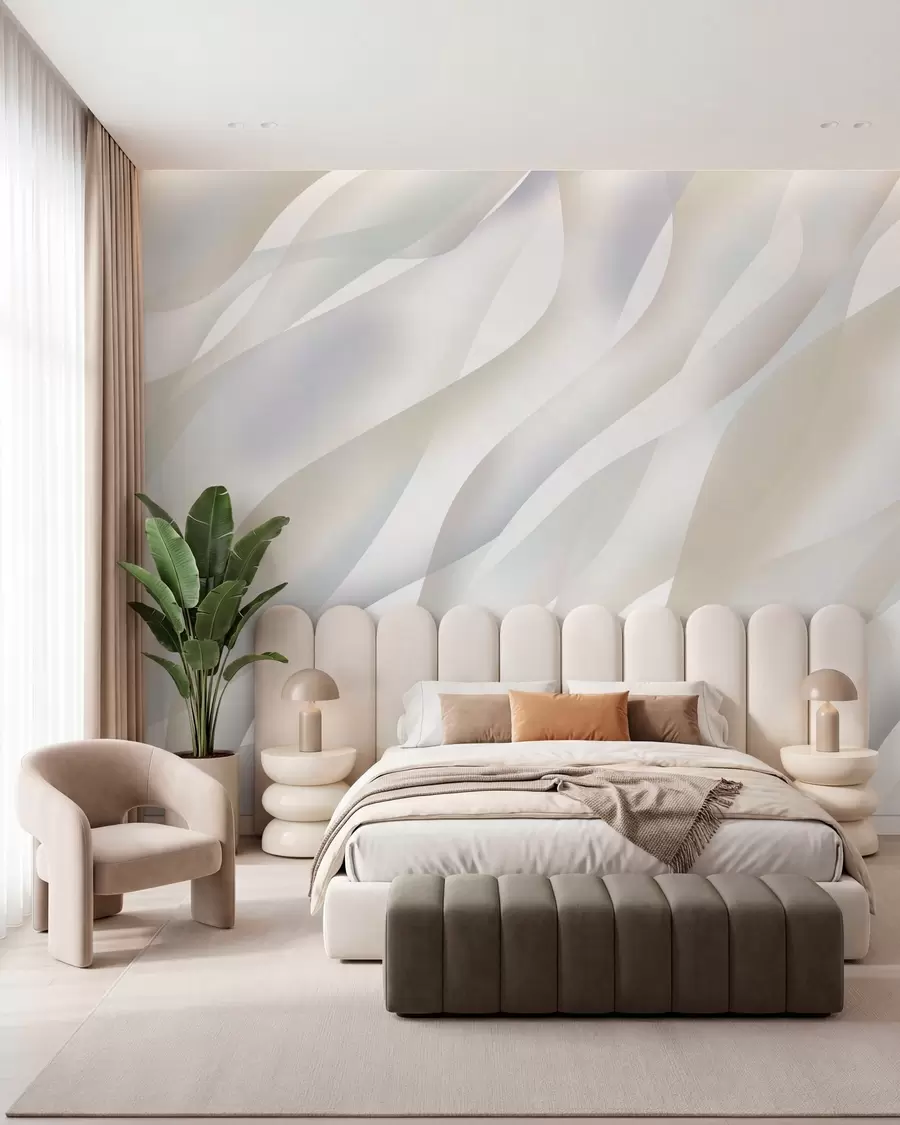 murales de pared Olas abstractas en tonos grises y beige sobre un fondo blanco w05758