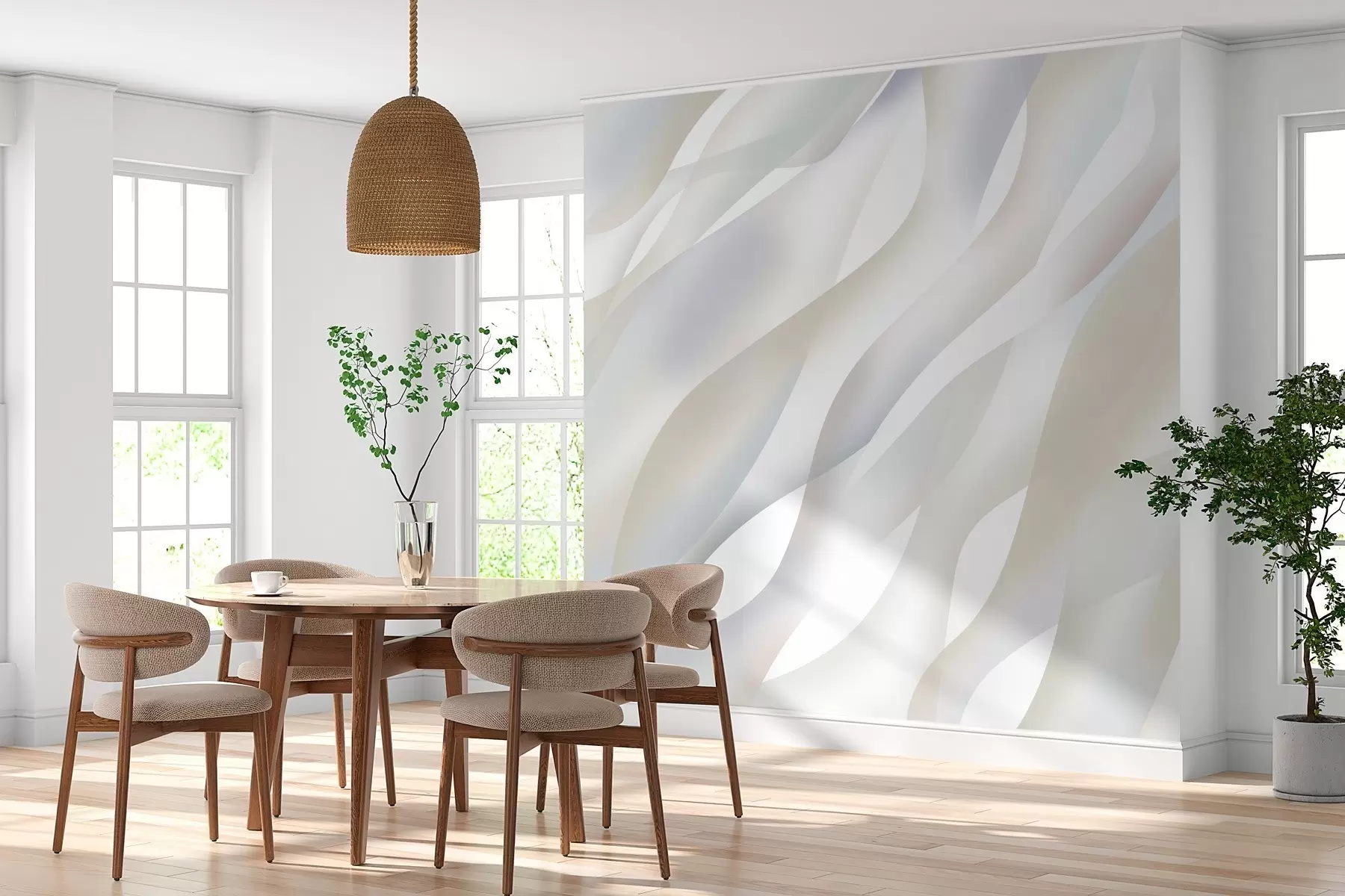 murales de pared Olas abstractas en tonos grises y beige sobre un fondo blanco w05758