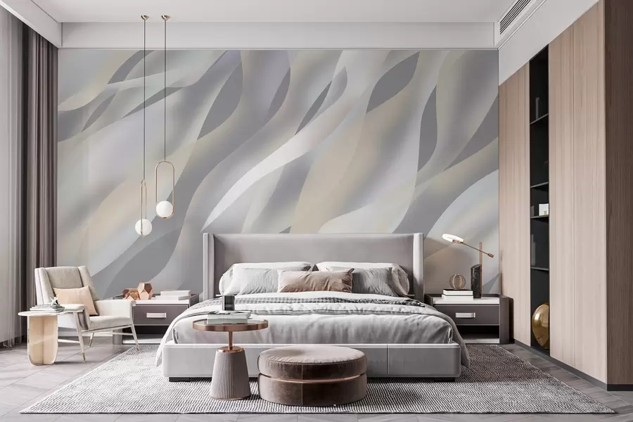 murales de pared Olas abstractas en tonos grises y beige sobre un fondo gris oscuro w05758v2