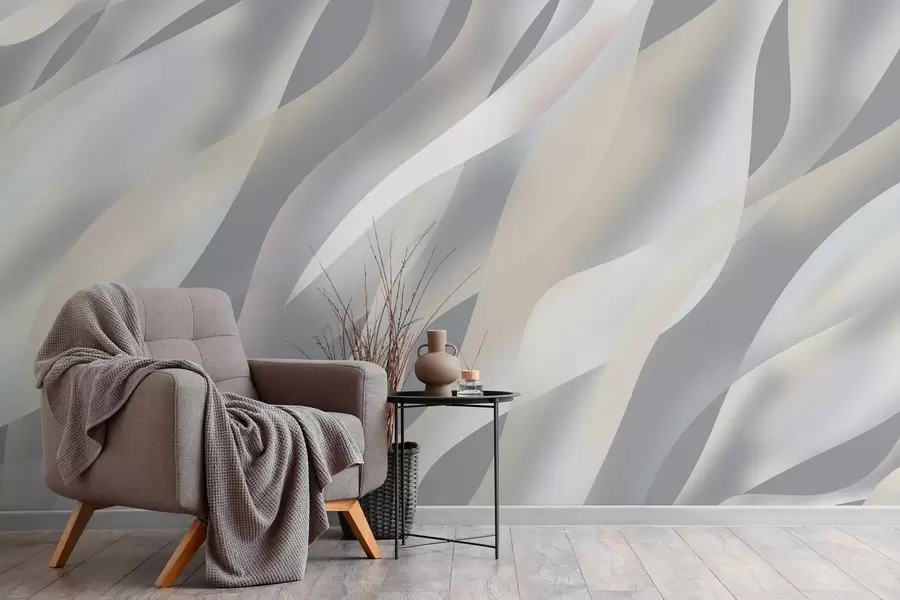 murales de pared Olas abstractas en tonos grises y beige sobre un fondo gris oscuro w05758v2