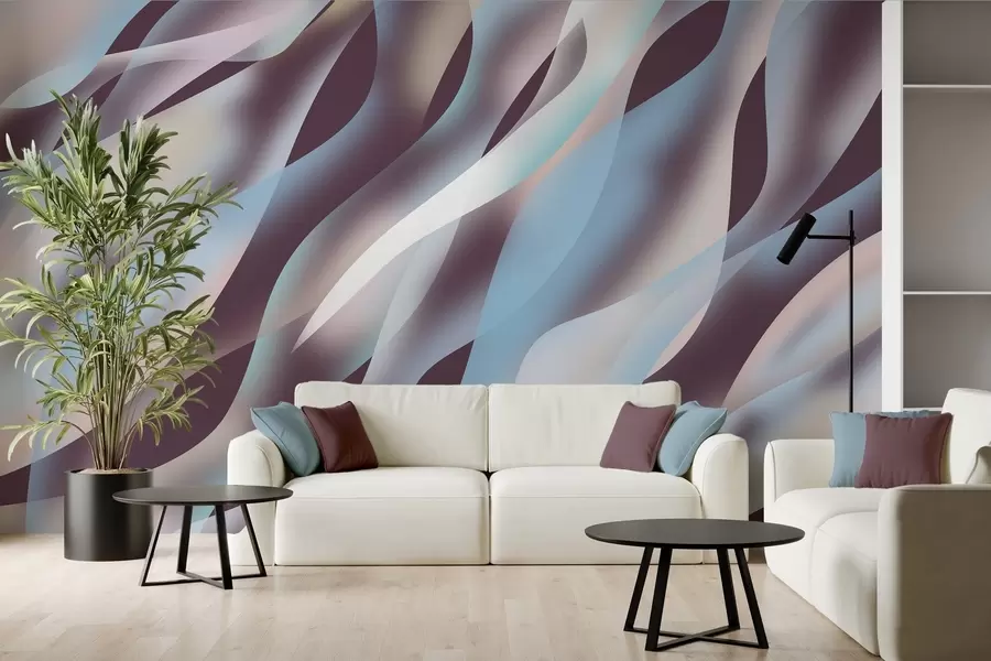 murales de pared Olas abstractas en tonos azules, rosas y beige sobre un fondo morado oscuro w05758v3