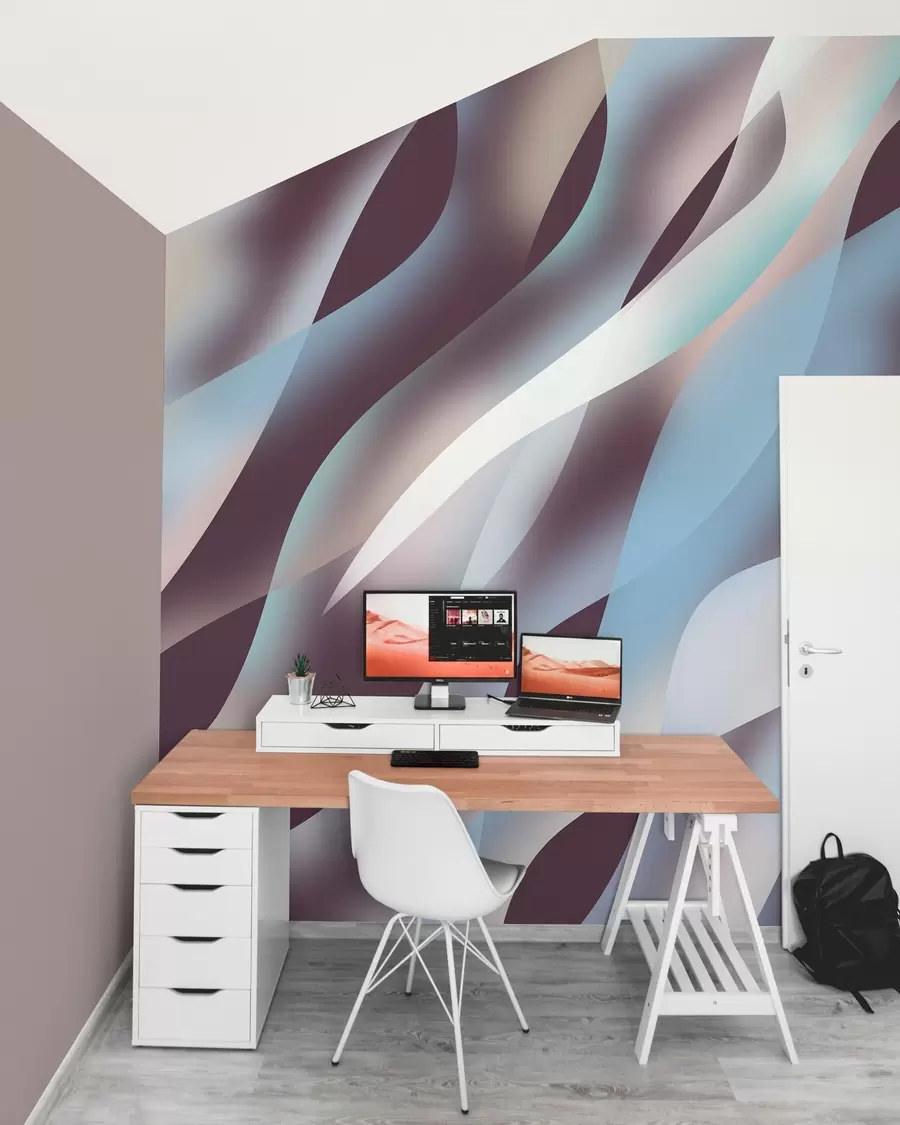 murales de pared Olas abstractas en tonos azules, rosas y beige sobre un fondo morado oscuro w05758v3
