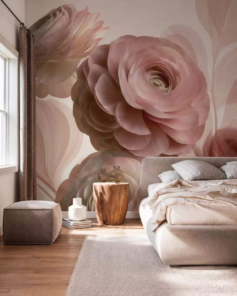 murales de pared Flores de ranúnculo de color rosa empolvado, de gran tamaño, con pétalos translúcidos en suaves tonos rosa y beige w09998