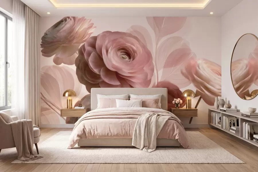 murales de pared Flores de ranúnculo de color rosa empolvado, de gran tamaño, con pétalos translúcidos en suaves tonos rosa y beige w09998