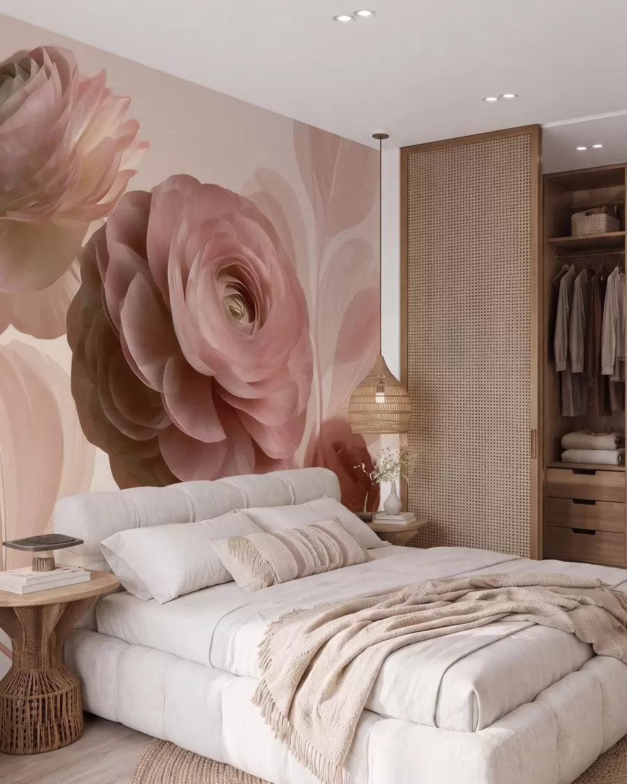 murales de pared Flores de ranúnculo de color rosa empolvado, de gran tamaño, con pétalos translúcidos en suaves tonos rosa y beige w09998