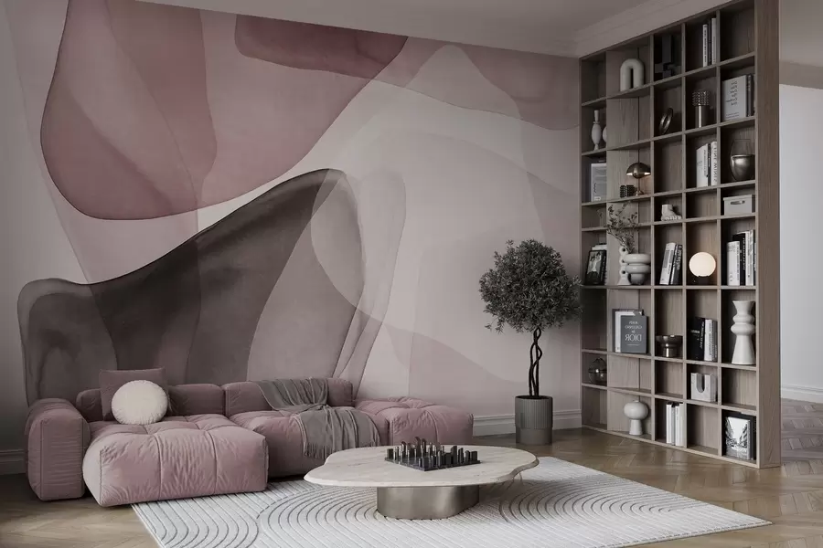 murales de pared Formas abstractas en tonos rosas y marrón oscuro, con un efecto de capas texturizadas y translúcidas w10022v1
