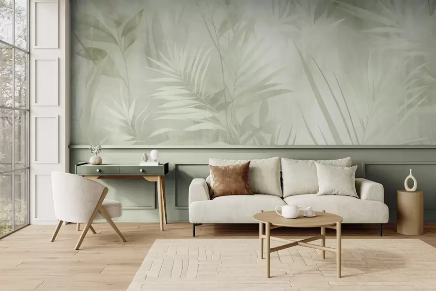 murales de pared Hojas de palmera en tonos verdes apagados, con un fondo suave, selva tropical w10023v1