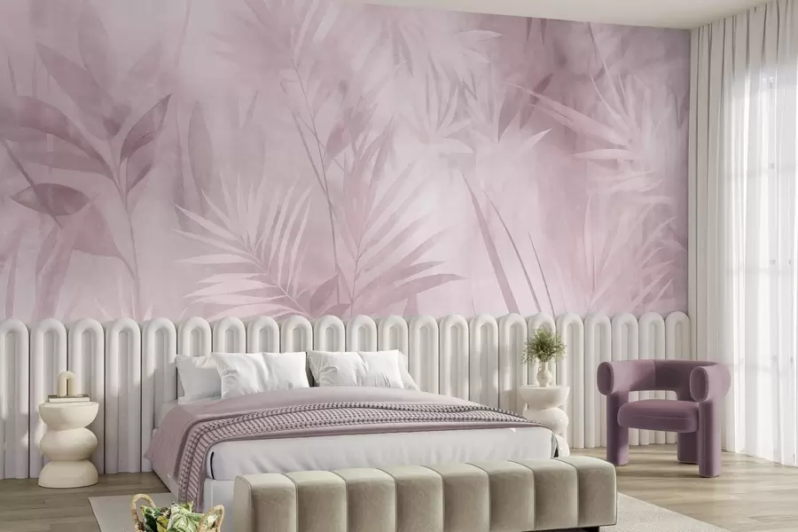 murales de pared Hojas de palmera en tonos rosados apagados, con un fondo suave, selva tropical w10023v3