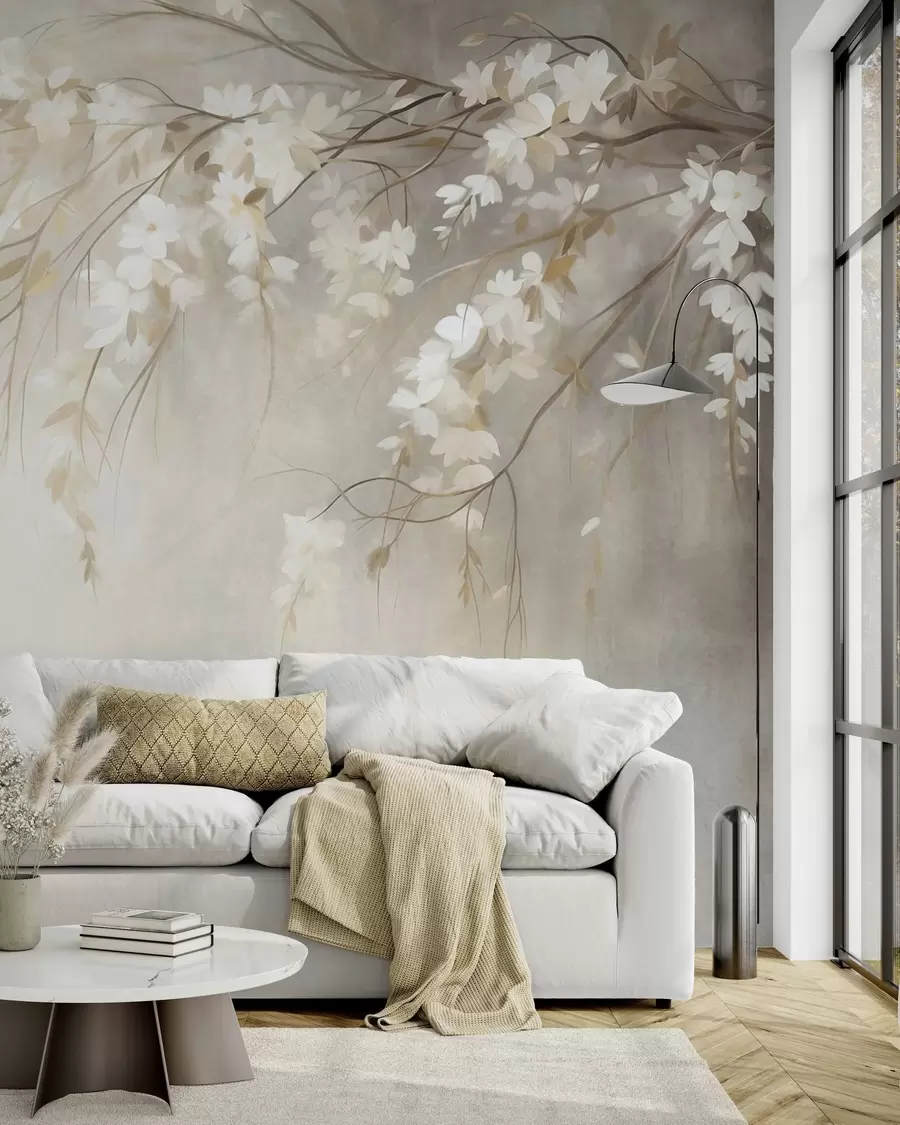 murales de pared Una delicada rama de cerezo con flores blancas y hojas, estilo pictórico w10024
