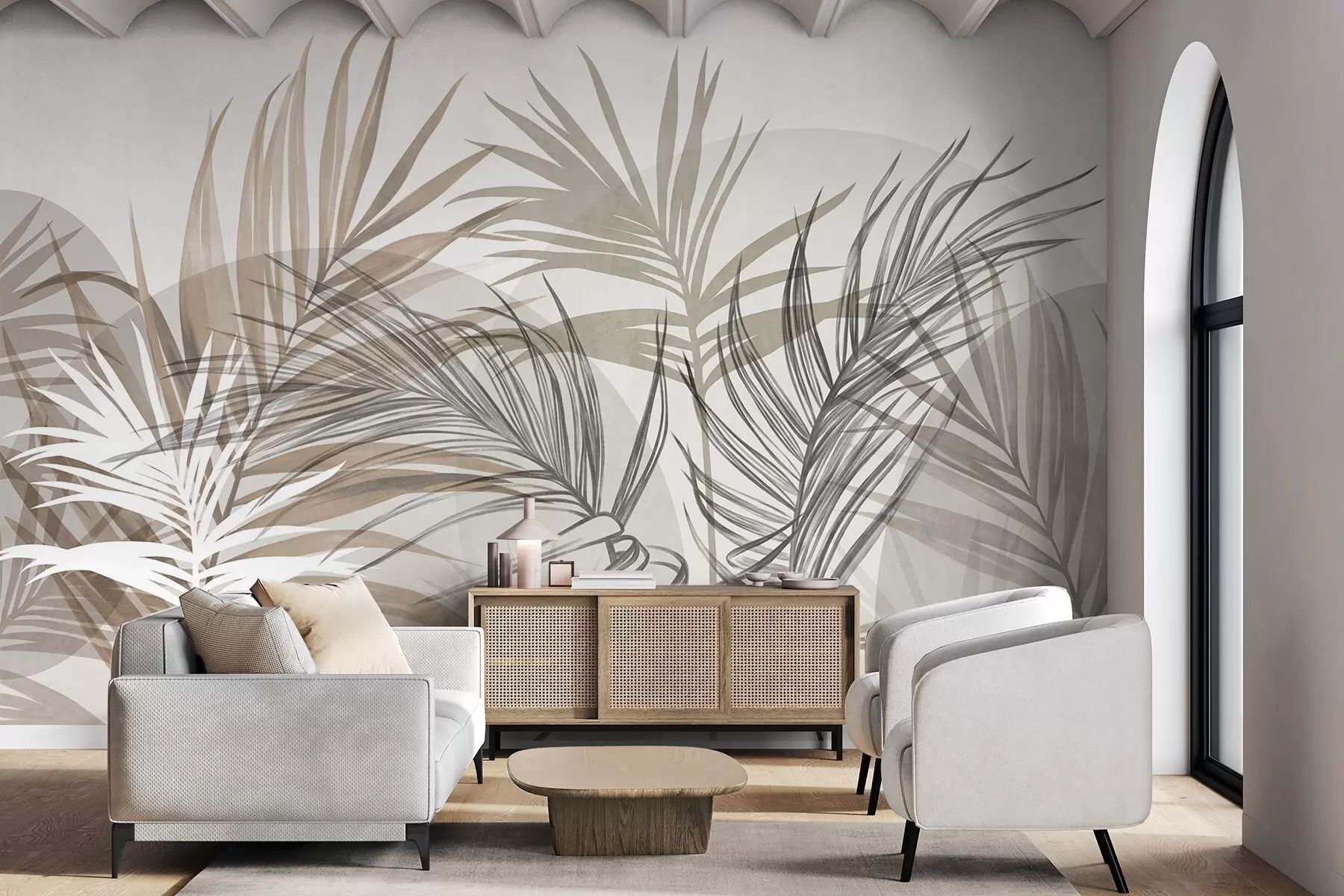 murales de pared Hojas de palmera en tonos neutros de beige, marrón y gris, con formas abstractas w10025