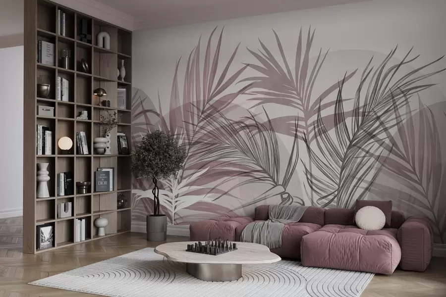 murales de pared Hojas de palmera en tonos neutros de rosa y gris, con formas abstractas w10025v1