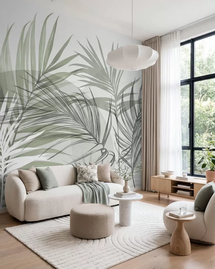 murales de pared Hojas de palmera en tonos neutros de verde y gris, con formas abstractas w10025v2