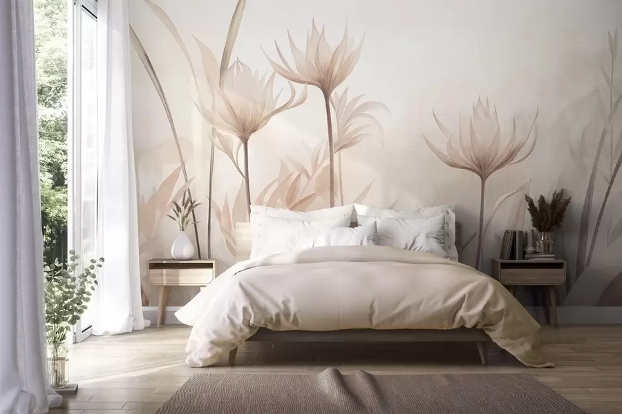 murales de pared Flores translúcidas con textura, en suaves tonos melocotón y beige, con tallos largos y follaje w10028