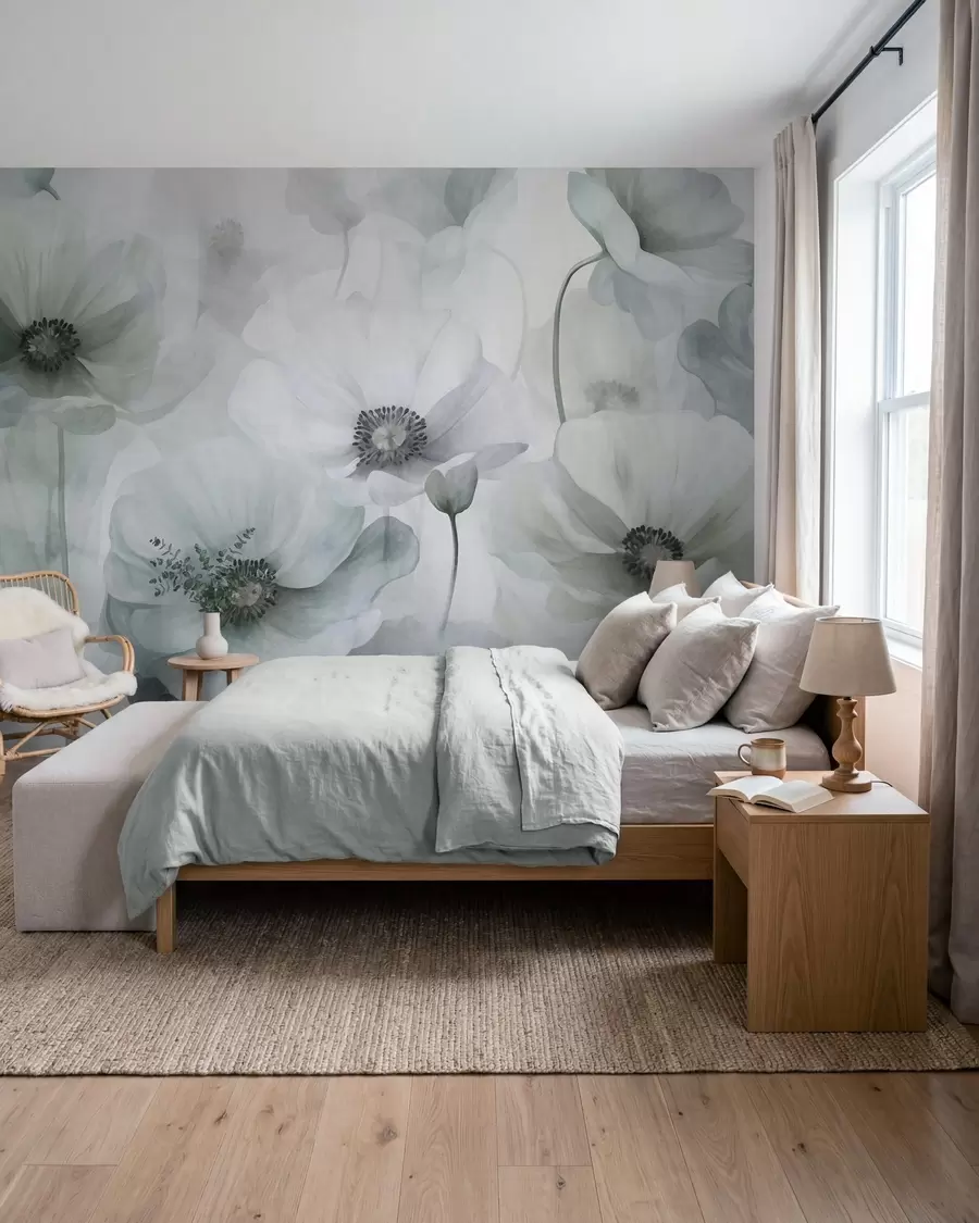 murales de pared Amapolas de colores apagados y textura marcada, con centros oscuros, delicados pétalos translúcidos y un fondo suave w10029v2