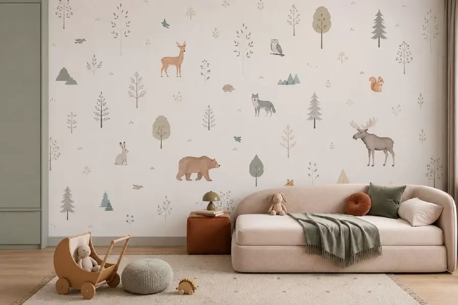 murales de pared Animales del bosque y árboles sobre un fondo claro w05864