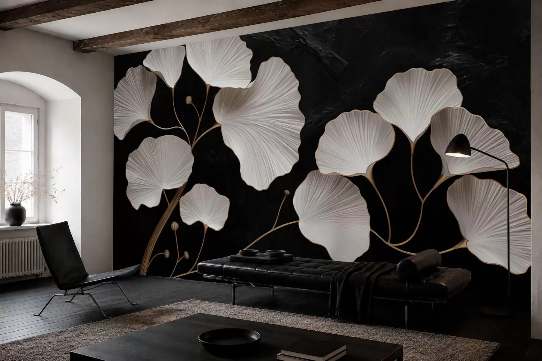 murales de pared Hojas blancas en forma de abanico sobre un fondo negro w05860