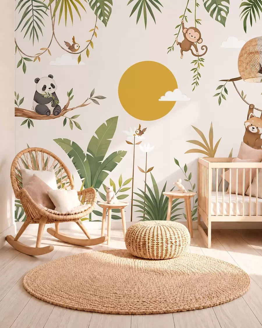 murales de pared Animales tropicales entre el follaje, con un sol enorme w05865v2