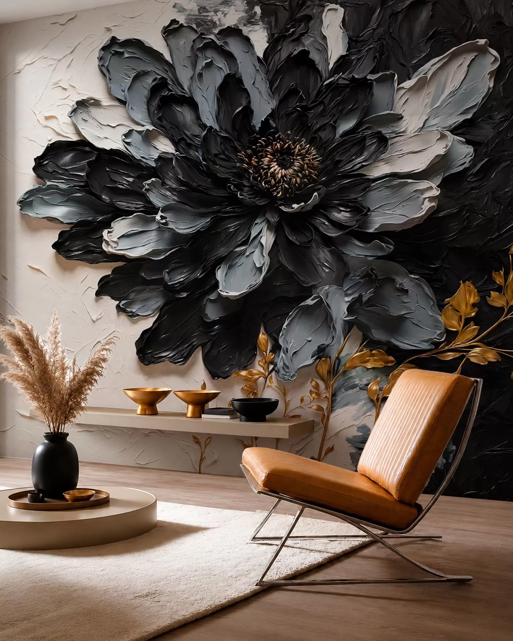 murales de pared Flor con textura en negro y gris con ramas decorativas w05883