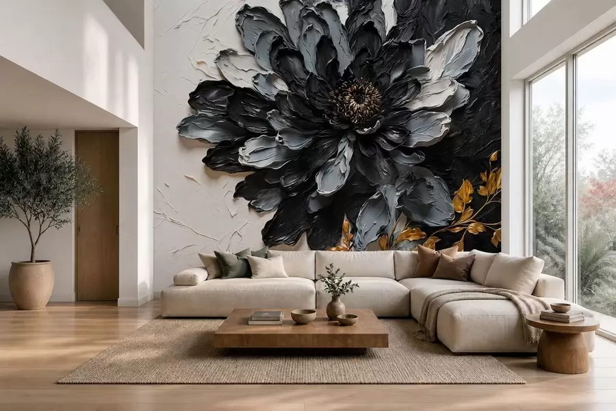 murales de pared Flor con textura en negro y gris con ramas decorativas w05883