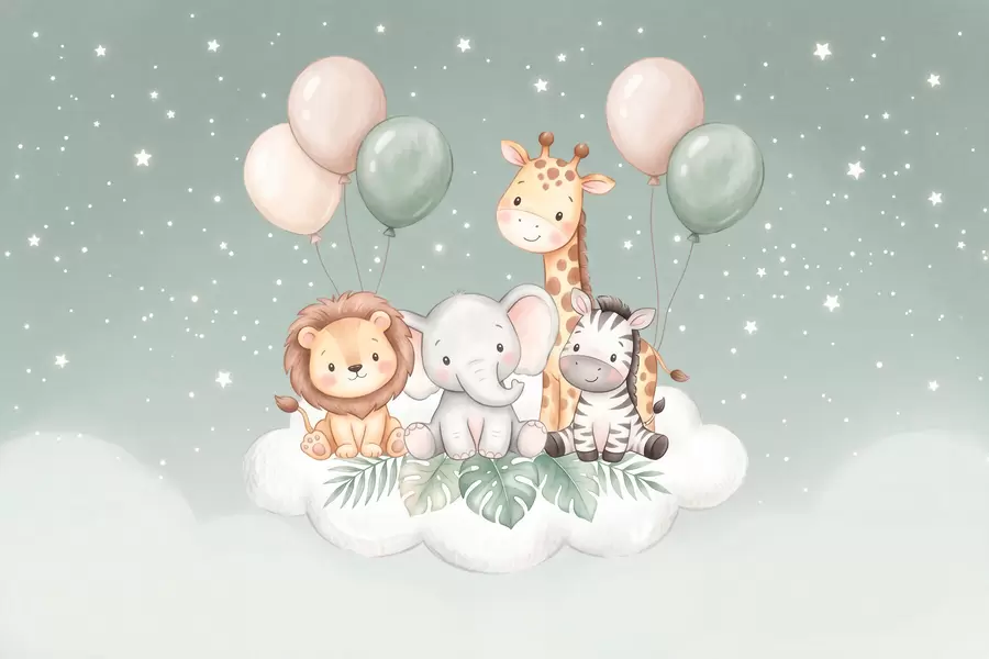 murales de pared Animales de safari muy simpáticos sobre nubes mullidas en suaves tonos pastel, en estilo acuarela w10004