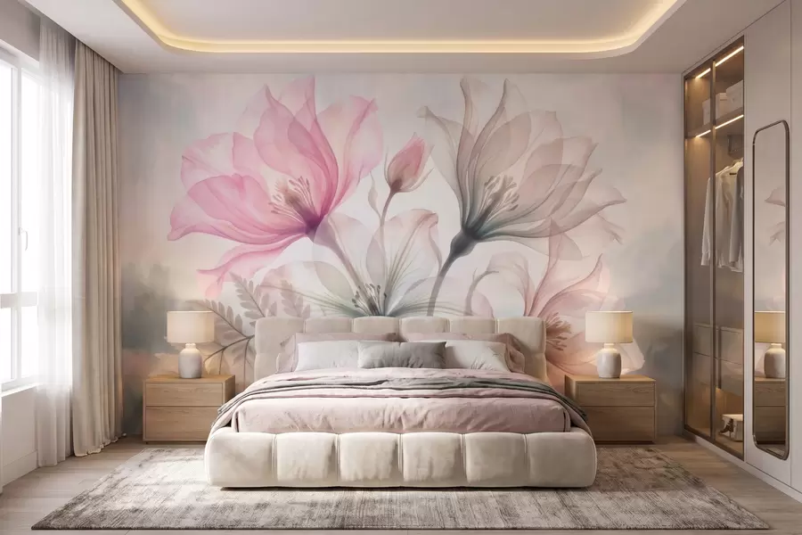murales de pared Delicadas flores en tonos rosa y azul pastel, con estilo de acuarela w10009