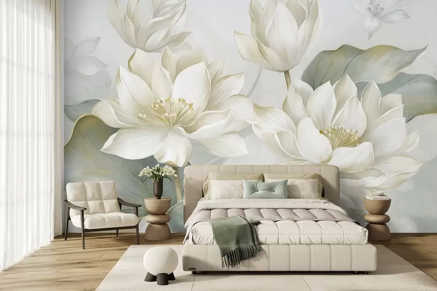 murales de pared Flores de loto con textura y pétalos delicados, y hojas grandes de color verde apagado w10027