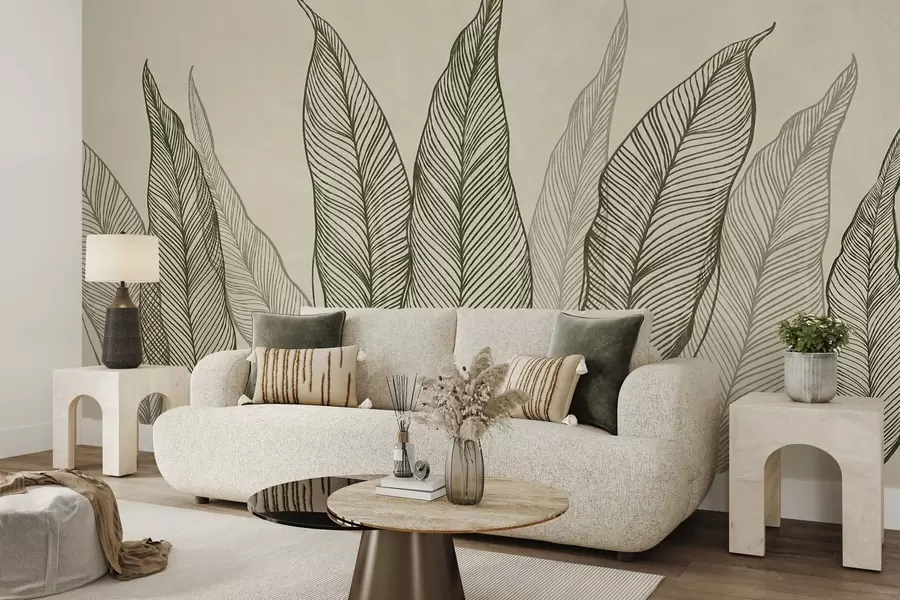 murales de pared Hojas verdes estilizadas con detalles de líneas intrincadas sobre un fondo beige; ilustración con textura w10030