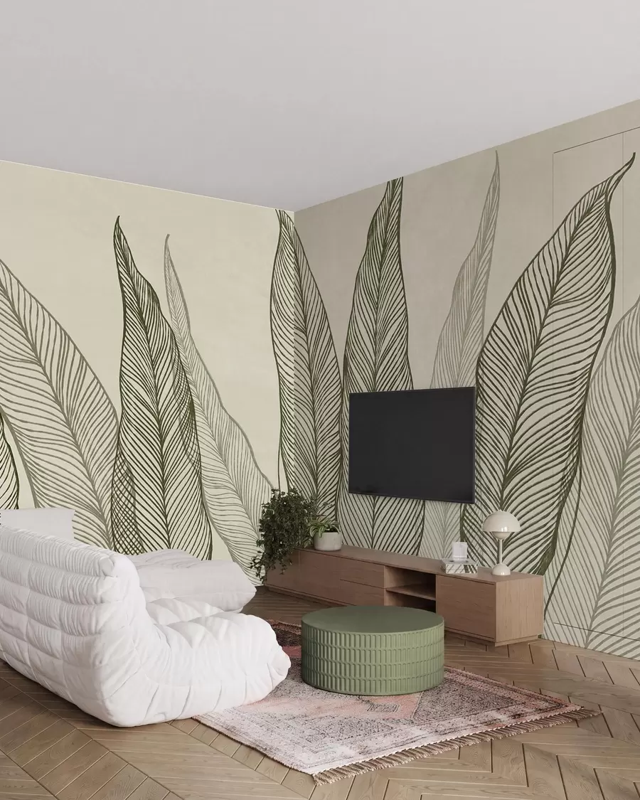 murales de pared Hojas verdes estilizadas con detalles de líneas intrincadas sobre un fondo beige; ilustración con textura w10030