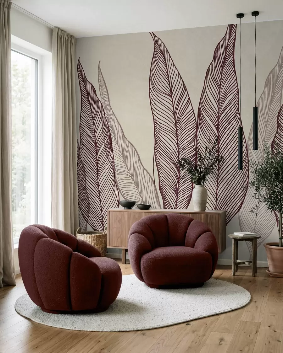murales de pared Hojas de color burdeos estilizadas con detalles de líneas intrincadas sobre un fondo beige, obra de arte con textura w10030v1