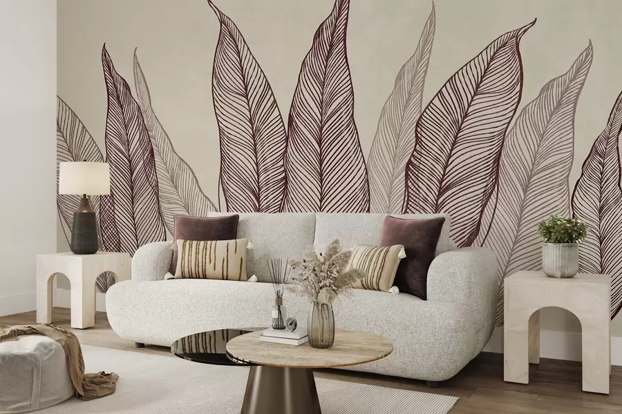 murales de pared Hojas de color burdeos estilizadas con detalles de líneas intrincadas sobre un fondo beige, obra de arte con textura w10030v1