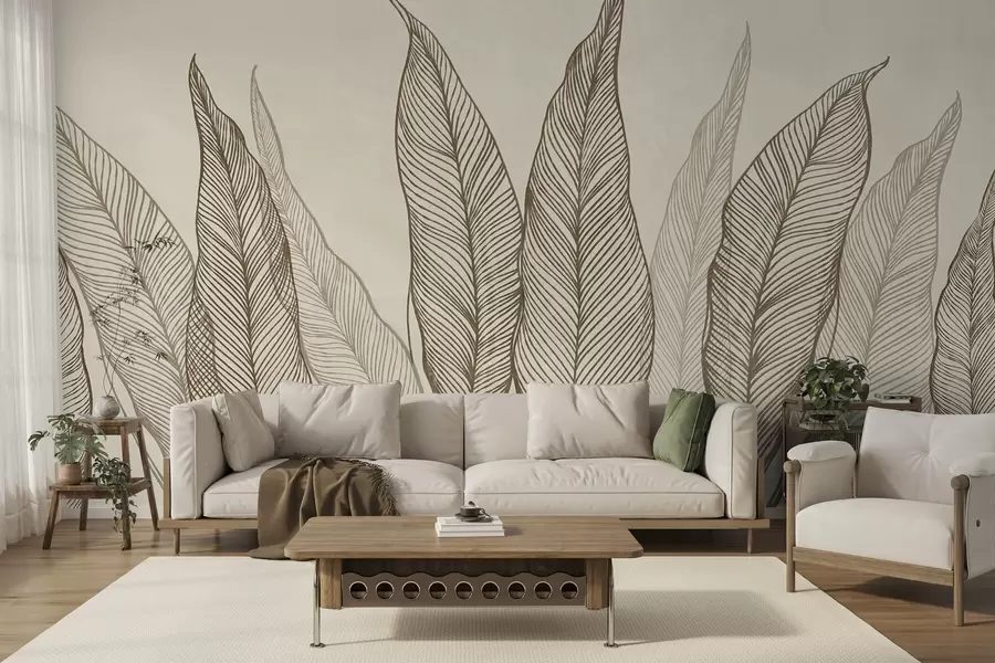 murales de pared Hojas marrones estilizadas con detalles de líneas intrincadas sobre un fondo beige; obra de arte con textura w10030v2