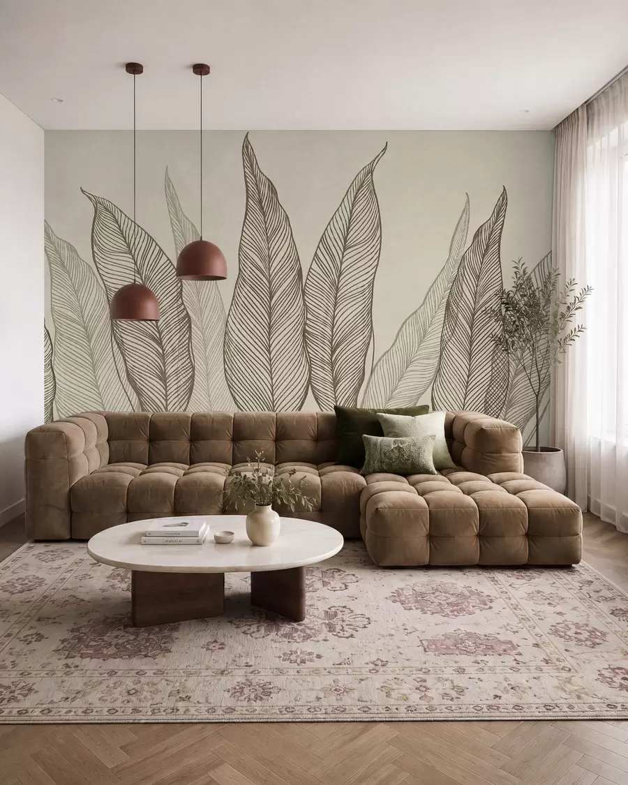 murales de pared Hojas marrones estilizadas con detalles de líneas intrincadas sobre un fondo beige; obra de arte con textura w10030v2