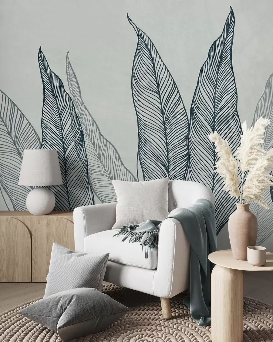 murales de pared Hojas azules estilizadas con detalles de líneas intrincadas sobre un fondo gris, diseño con textura w10030v3