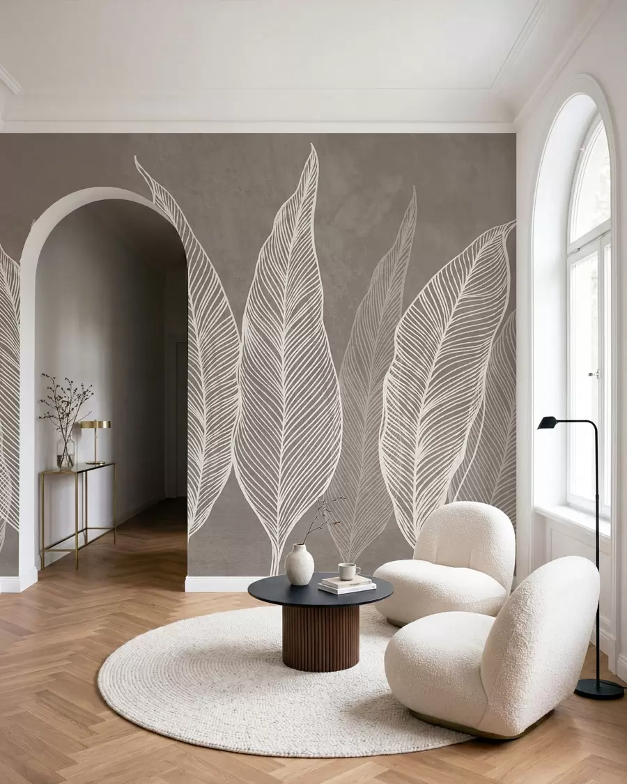 murales de pared Hojas blancas estilizadas con intrincados detalles de líneas sobre un fondo marrón, obra de arte con textura w10030v4