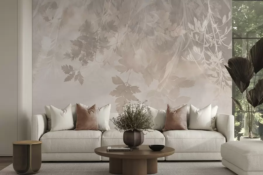 murales de pared Hojas y ramas con textura sobre un fondo beige suave y apagado w10020