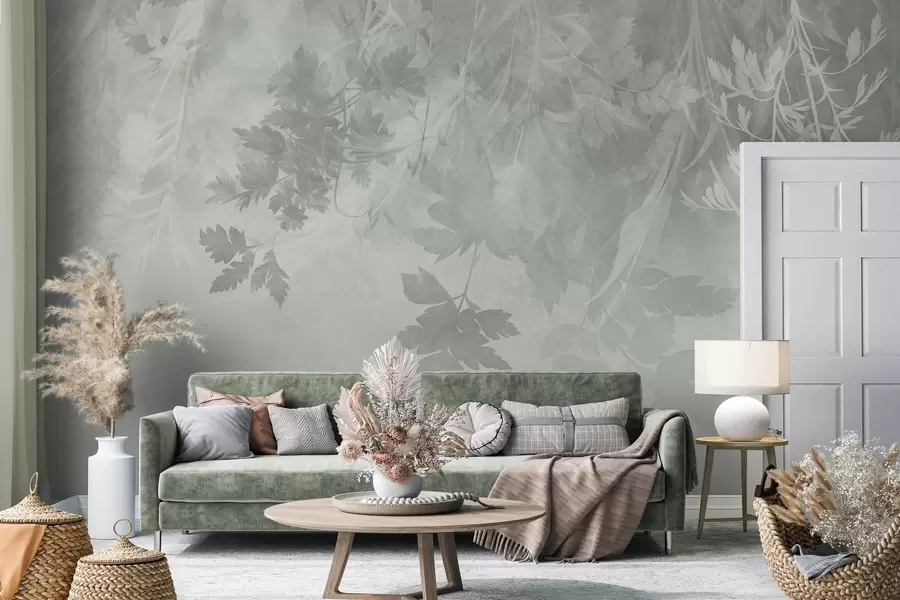 murales de pared Hojas y ramas con textura sobre un fondo verde suave y apagado w10020v2
