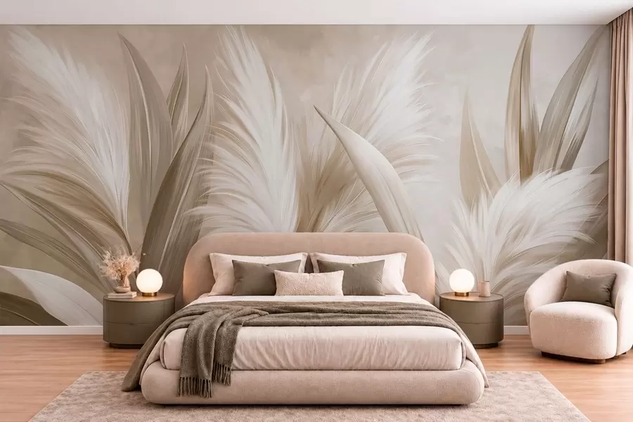 murales de pared Hojas decorativas de color pálido y flores plumosas w05863
