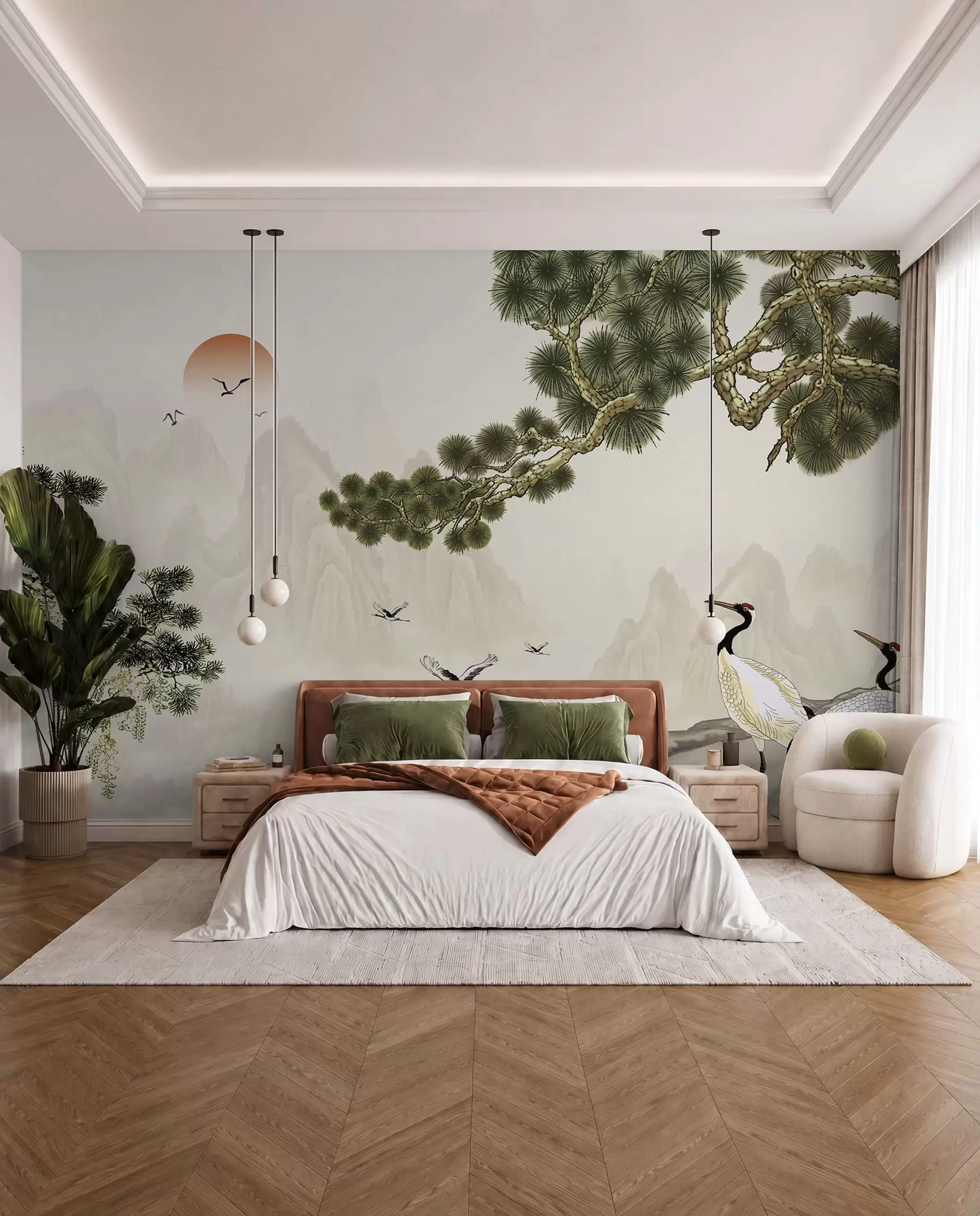 murales de pared Montañas, cigüeñas bajo el pino u34508