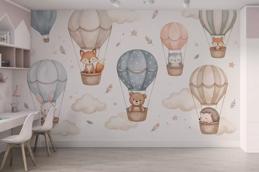 murales de pared Animales del bosque en globos aerostáticos, estilo acuarela, paleta de colores pastel w10001