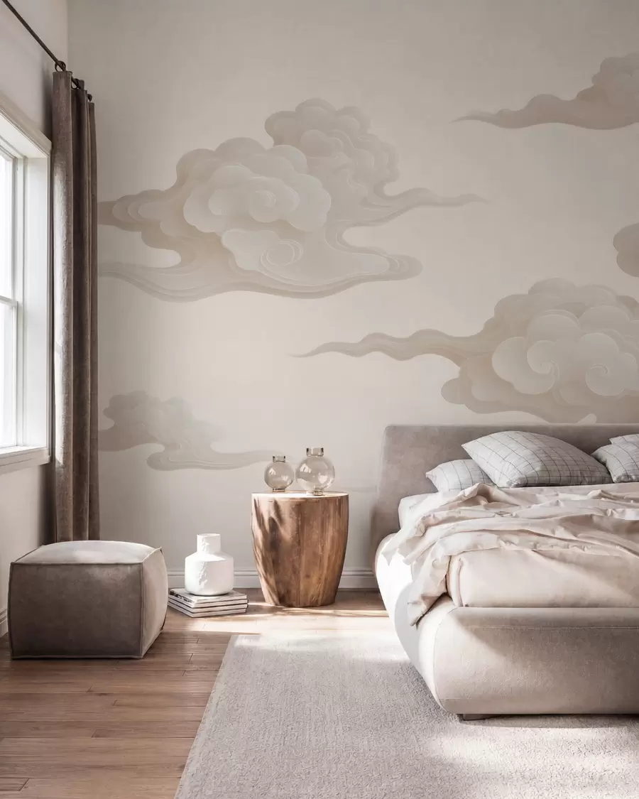 murales de pared Nubes orientales minimalistas en tonos beige y crema w10036