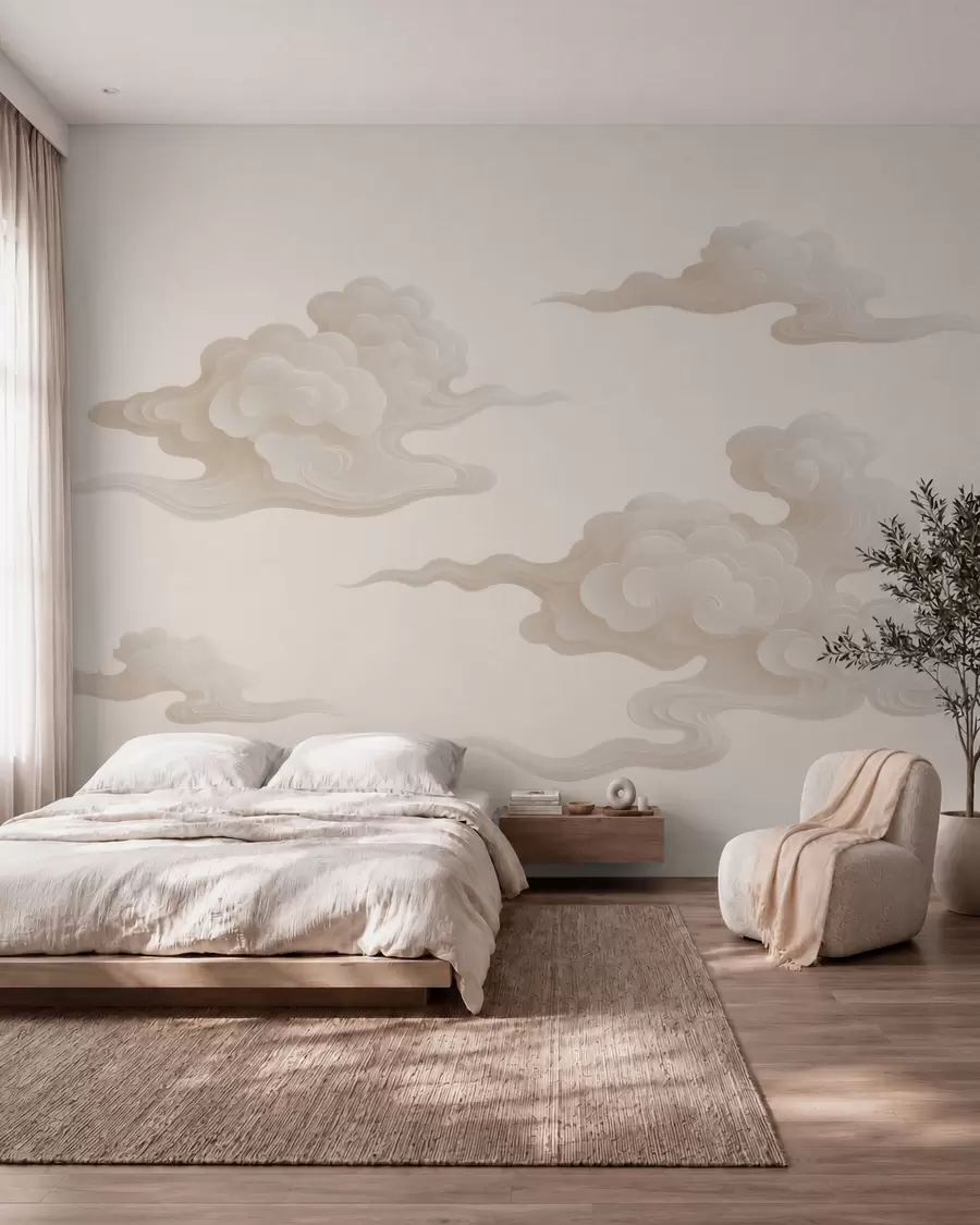 murales de pared Nubes orientales minimalistas en tonos beige y crema w10036