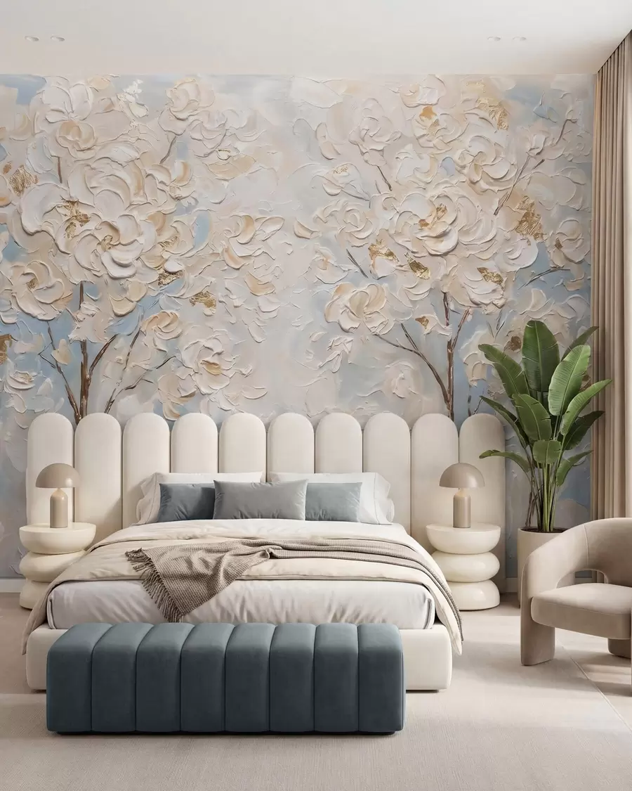 murales de pared Árboles cubiertos de voluminosas flores blancas, imitación de un cuadro al óleo w10039